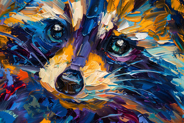 Oil raccoon portrait painting in multicolored tones. Conceptual abstract painting of a raccoon muzzle. Closeup of a painting by oil and palette knife on canvas.