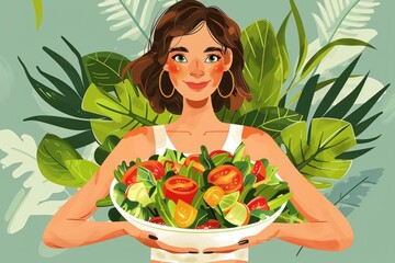 A woman holding a bowl of fresh salad, perfect for healthy lifestyle concepts