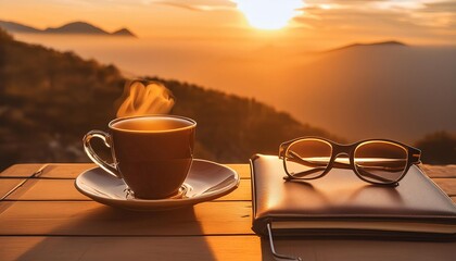 Coffee, notebook, and sunglasses on an outdoor table with a stunning sunset view. Warm tones conveying business,tranquility, relaxation, and focus.