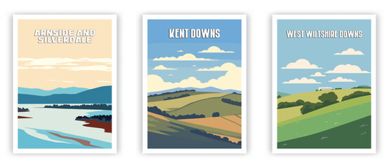 Arnside and Silverdale, Kent Downs, West Wiltshire Downs Illustration Art. Travel Poster Wall Art. Minimalist Vector art