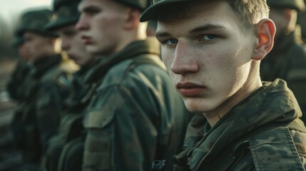 Fototapeta premium A group of young men in uniform standing together. Suitable for military, team, or brotherhood concepts
