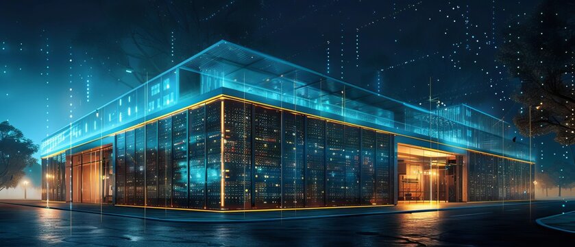 Artistic 3D render of a data center at night, with the buildings exterior illuminated to display realtime data activity visually