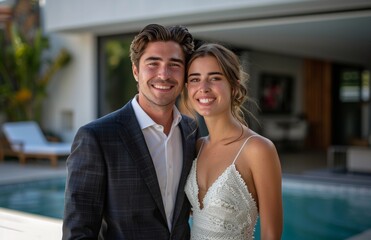 Naklejka premium Man and Woman Standing by Pool