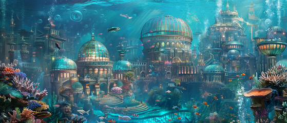Futuristic cityscape under the sea, featuring glass domes and a variety of colorful marine life.