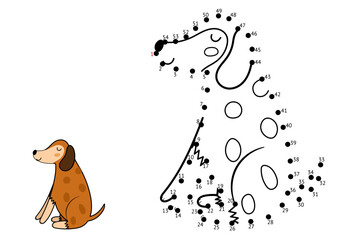 Dot to dot game for kids. Connect the dots and draw a cute dog. Animal puzzle activity page. Vector illustration