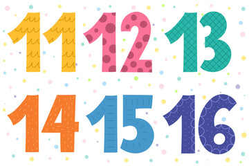 Doodle numbers 11-16 educational set for kids. Collection of colorful numbers in cartoon style. Educational clipart. Vector illustration