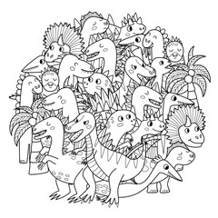 Cute dinosaurs mandala for kids. Funny dino characters circle shape coloring page. Doodle outline background. Vector illustration