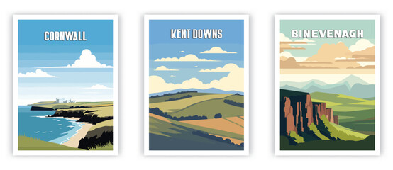 Cornwall, Kent Downs, Binevenagh Illustration Art. Travel Poster Wall Art. Minimalist Vector art