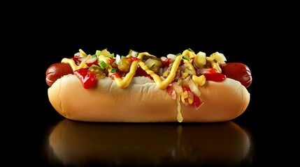 Hot dog with mustard and ketchup on dark background.