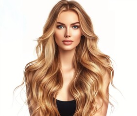 Naklejka premium Beautiful girl with long blonde hair, perfect straight and shiny curls, hairstyle model in the style of beauty salon on white background.