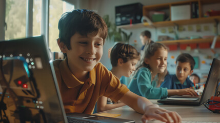 It camp for children. The boy smiles while looking at the laptop in the classroom. Children learn programming on laptops
