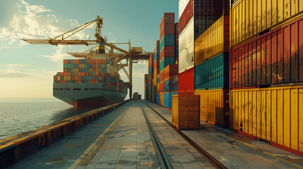 A large ship is moored in the port with a large number of colorful containers. Cargo shipping business