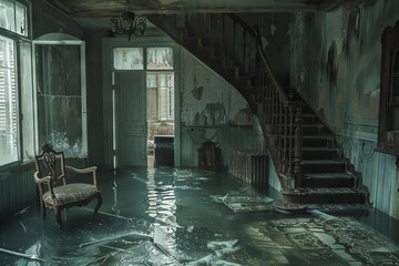 haunting interior of a flooded abandoned house surreal concept photography