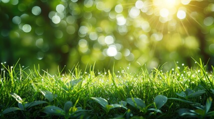 Obraz premium Spring background with green grass and blurred sun rays on bokeh
