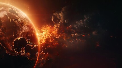 Earth slowly rotating with half engulfed in dark smoke and bright flames, cinematic side lighting creating sharp contrasts