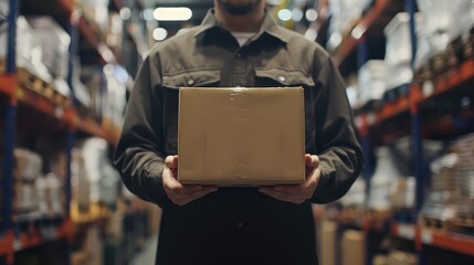 Warehouse scene: delivery man holds a box, representing the final stage of the logistics process. 