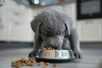 hungry gray puppy eating dry food from bowl in kitchen pet care concept