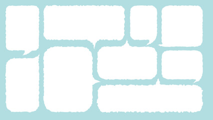 Set of hand drawn style cute memo sticker with blue background. Variety abstract shapes of white speech bubble. Crayon draw style frame . Chat box balloon cloud.Retro blank label tag vector for text