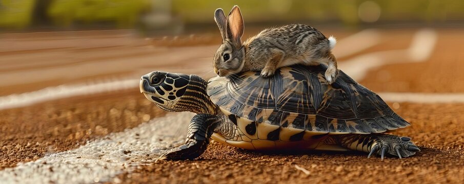 Humorous race scene at the Paris Olympics with a turtle surprisingly leading with a rabbit on its back, highspeed macro style