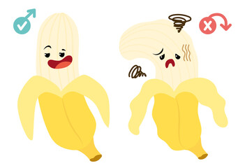 Cartoon style banana erectile dysfunction with face emoticon. Prostatitis and Impotence. Sex problem. Cartoon style male gender symbol. Impotence, flaccid soft penis. Infertility, pills for potency.