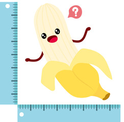 Cartoon style banana measurement with ruler. Penis size concept vector. Length breadth width metaphor. Cute comic male sexual symbol pepperoni with face facial. Adult sex health small average large. 