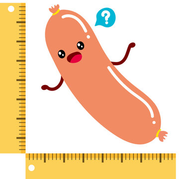 Cartoon style sausage measurement with ruler. Penis size concept vector. Length breadth width metaphor. Cute comic male sexual symbol pepperoni with face facial. Adult sex health small average large. 