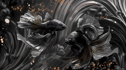 Black and white fighting fish on black background, Generative AI illustrations.