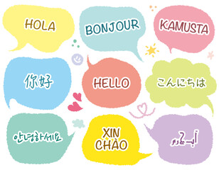 Variety of language greeting words. Colorful hand drawn doodle style with greeting phrase with chat bubbles. Comic style. Hola, Bonjour, Kamusta, Hello, Xin Chao. Cute memo with greeting shorts words.