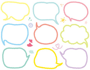 Cute memo of colorful Crayon drawn line out speech bubbles. Hand drawn doodle lettering quote frame for text. Set of variety shape sticker. Thinking and chat box. Line speech cloud. Cloud, Box, Blank
