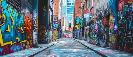 Vibrant street art brings life to the urban alleyway, a colorful escape from concrete surroundings.