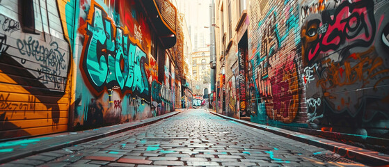 Fototapeta na wymiar Sprawling urban alley adorned with vibrant street art and graffiti, filled with colorful creativity.