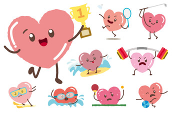 Heart shape character sport games vector set. Cute hand draw style abstract man doing exercise. Comic doodle style of athlete. Champion, Badminton, Golf, Surfing, Ski, Swim, Table, Tennis, Foot, Ball 