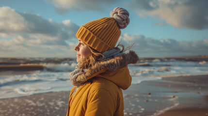 Young Woman in Yellow Coat Stands on Beach