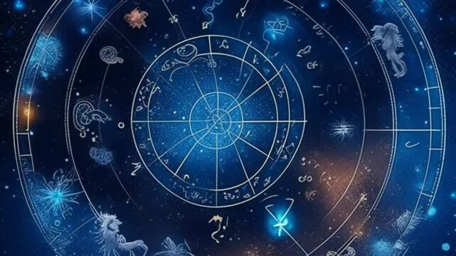 Zodiac signs in a circle, dark background