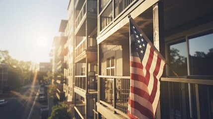 Urban apartment building with a USA flag draped over a railing, early morning light and negative space highlighting the surrounding cityscape.Independence day concept