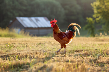 Red chicken walking in paddock Ordinary red rooster and chickens looking for grains while walking in paddock on farm