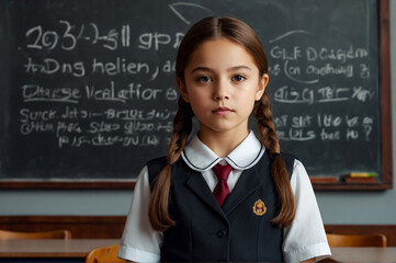 Portrait of first grader girl in school uniform at blackboard in classroom, thought looking at camera. Cute child schoolgirl posing indoors. School learning, education concept. Copy ad text space