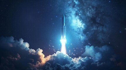 Rocket soaring into a starry night sky, contrasted against the darkness, hyperrealistic, illuminated by dynamic spotlights from the ground