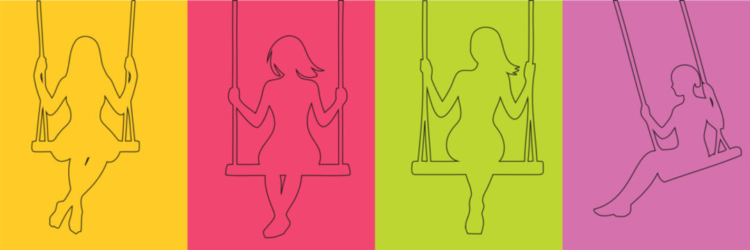 swing line art on colorful background. Four women swinging vector minimalist style