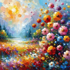 Oil painting flowers landscape background, abstract flowers made from oil paint splashes summer landscape, impressionism style illustration