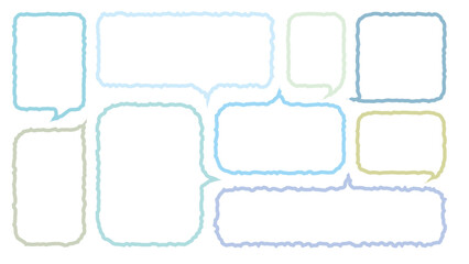 Cute memo of colorful line out speech bubbles. Hand drawn doodle lettering quote frame for text. Set of variety shape sticker. Thinking and chat box. Blue green line speech cloud. Cloud, Box, Blank