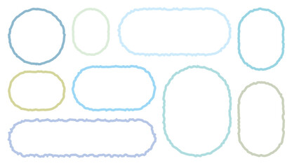 Collection of blue out line cute dialog box. Hand drawn with crayon drawing memo sticker. Doodle style chat frame for text. Cartoon conversation balloon. Set of speech bubbles in flat short message.