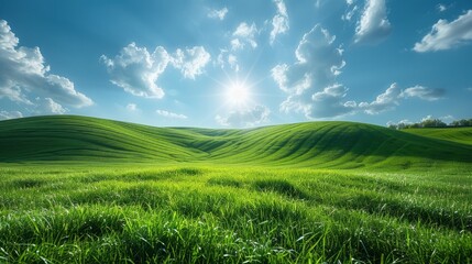 Obraz premium Beautiful green grassy hills under blue sky with white clouds.