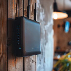 Black Mobile router on a wooden brown wall, can connect to the network and internet