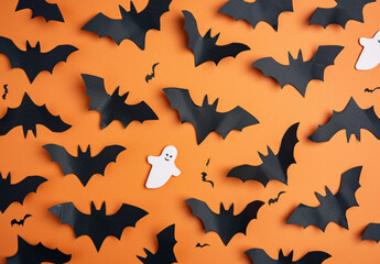 Fototapeta premium Halloween Extravaganza, Enchanting Night Sky & Pumpkin Set in Papercut Style - Vector Illustrations Featuring Full Moon, Witch's Cauldron, Spider Webs & Bats. Ideal for Posters & Brochures with Cust