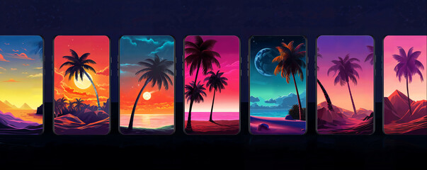Tropical beach landscapes with palm trees, beach, moon on mobile phone screen. Vivid retrowave synthwave vaporwave wallpaper for party poster. Travel concept. Electronic retro music cover