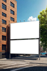 Big blank ad mockup billboard in urban street at summer daytime, advertising banner. Promo poster mock-up in city road, template for your text. Presentation board, screen display design. Copy ad space