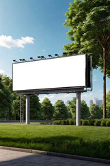 Large blank advertising mockup billboard in urban street at greenery park, ad banner. Promo poster mock-up in city road, template for text. Presentation board, screen display design. Copy ad space
