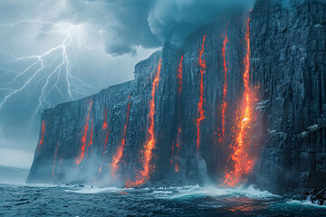 Landscape of molten lava falling down a cliff into the ocean during a thunderstorm
