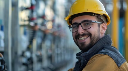 Confident oversight: A male electrician smiles as he completes his checklist at the electrical substation, ensuring the integrity of the power system. 